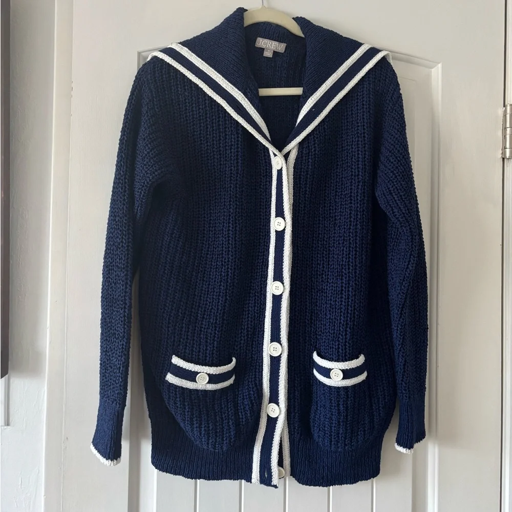 J Crew Navy Ribbed Sailor Collar Cardigan Sweater - Women medium - Picture 5 of 8